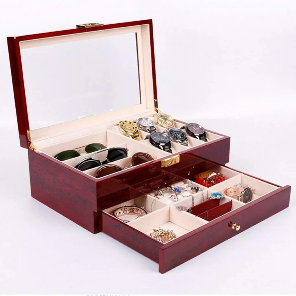 2-Layers Wooden Jewelry, 6 Watches And 3 Sunglasses Display Organizer Box