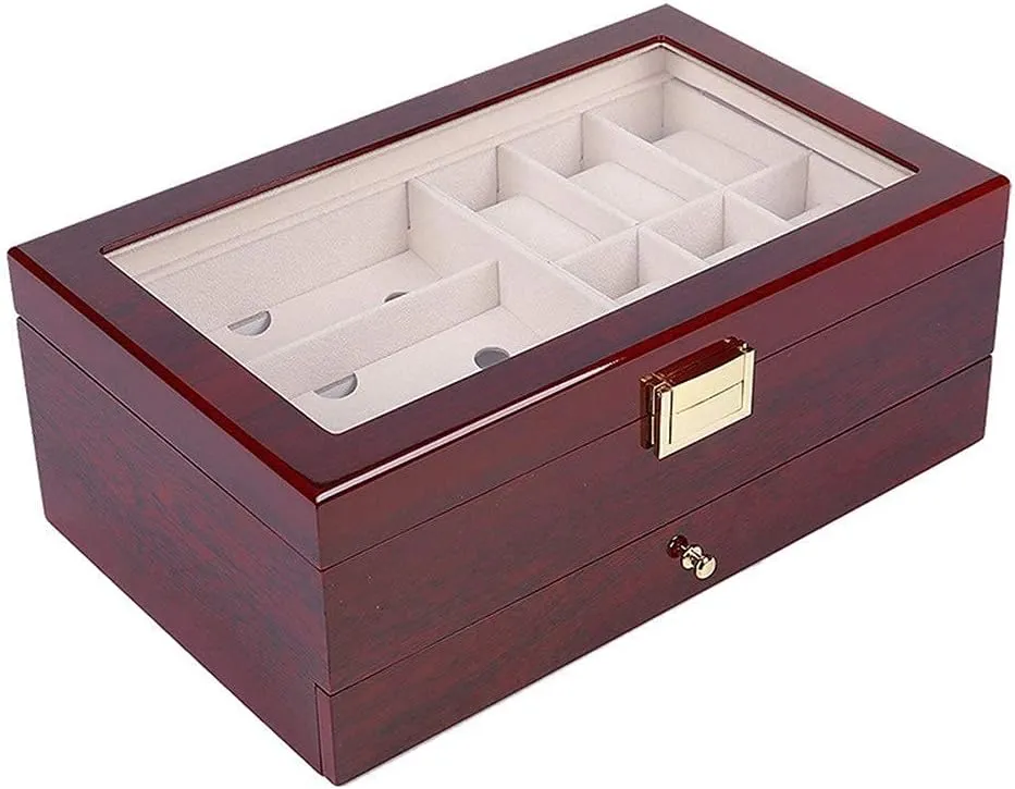 2-Layers Wooden Jewelry, 6 Watches And 3 Sunglasses Display Organizer Box