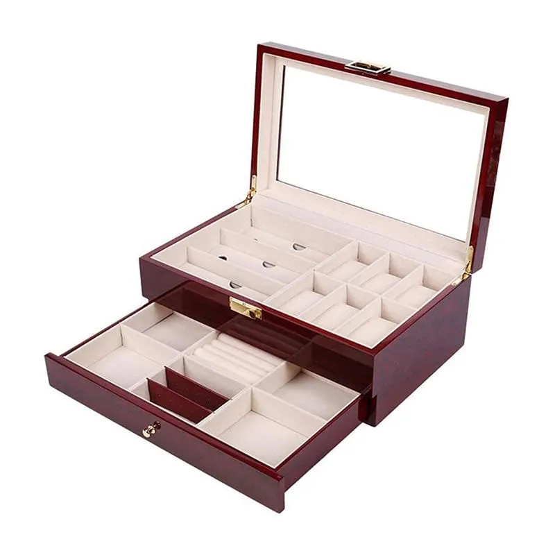 2-Layers Wooden Jewelry, 6 Watches And 3 Sunglasses Display Organizer Box