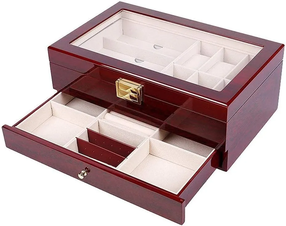 2-Layers Wooden Jewelry, 6 Watches And 3 Sunglasses Display Organizer Box