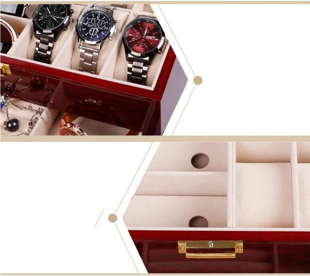 2-Layers Wooden Jewelry, 6 Watches And 3 Sunglasses Display Organizer Box