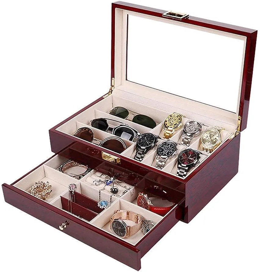 2-Layers Wooden Jewelry, 6 Watches And 3 Sunglasses Display Organizer Box