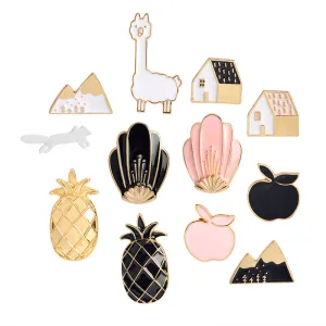 Black Pink Pineapple Apple House Fox Snow Mountain Shell Brooch Button Pins Denim Jacket Pin Badge Cartoon Fashion Jewelry Gift