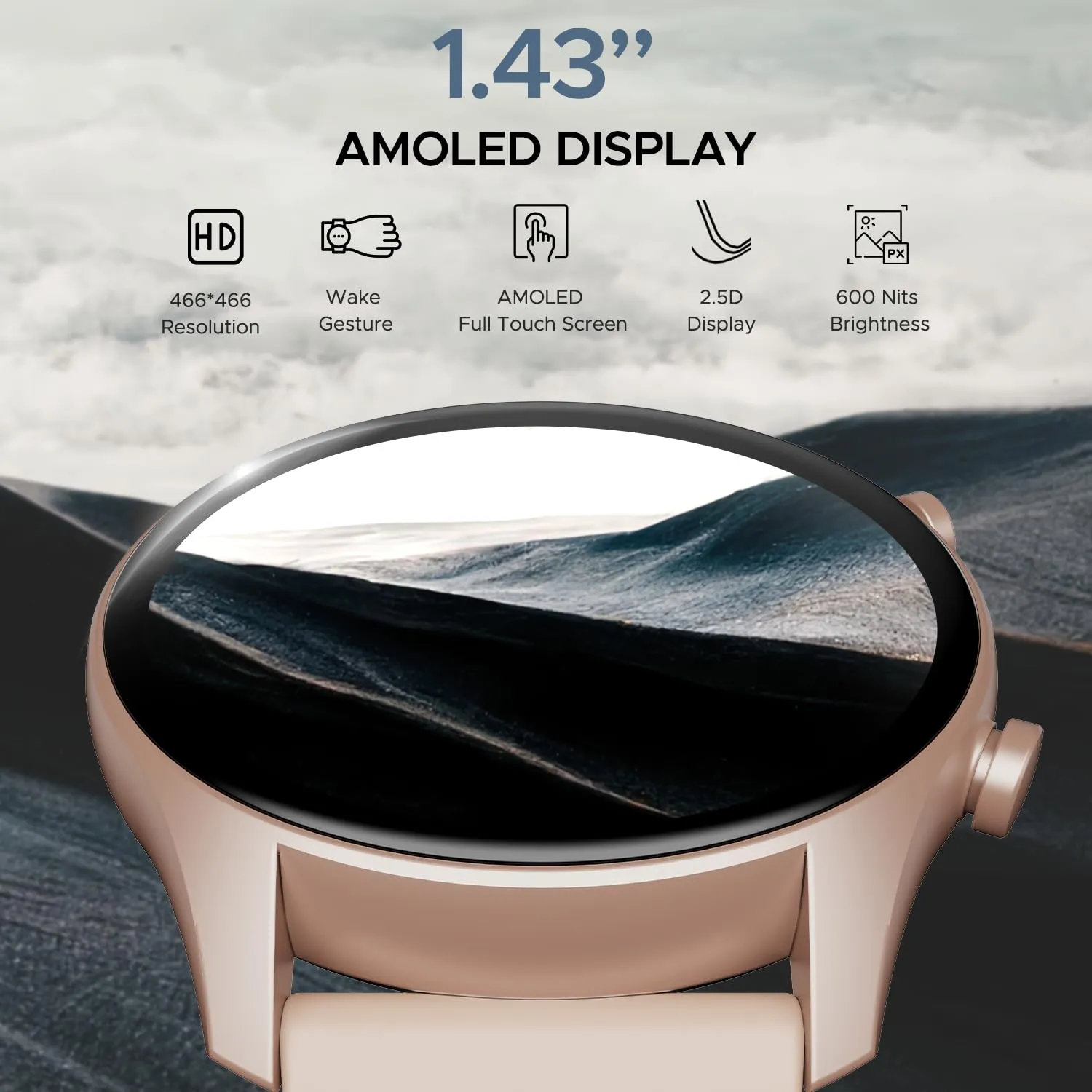 boAt Lunar Connect Plus Smart Watch with 1.43" AMOLED Display, 2.5D Display, Advanced Bluetooth Calling 100 , Always on Display, 100  Watch Faces,Voice Assistant,IP68, HR & SpO2(Cherry Blossom)