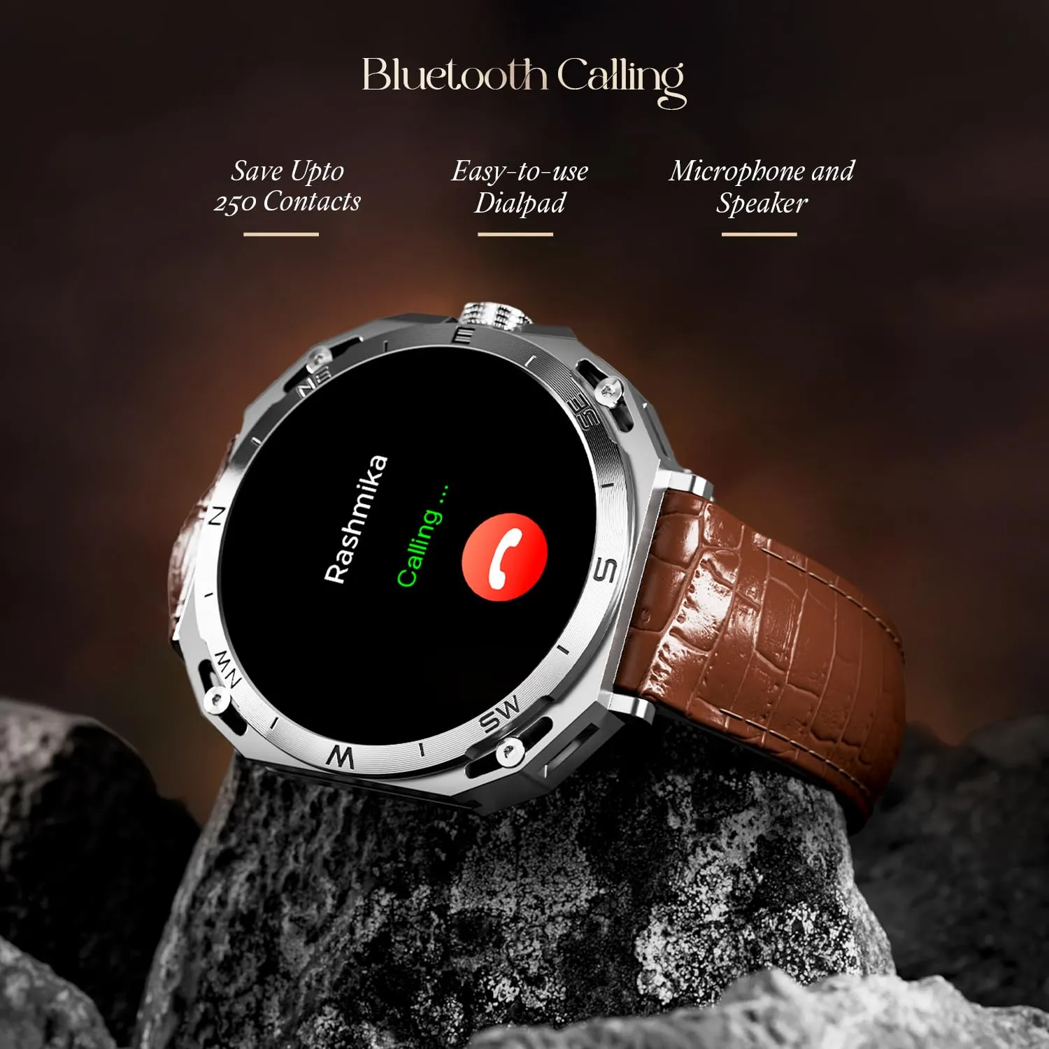 boAt Newly Launched Enigma Z20 Smart Watch with 1.51” HD Display, Luxurious Metal Body Design,Save upto 250 contacts,SOS, Password,Built-In games,Voice Assistant,HR&Sp02 Monitoring,IP68(Brown leather)