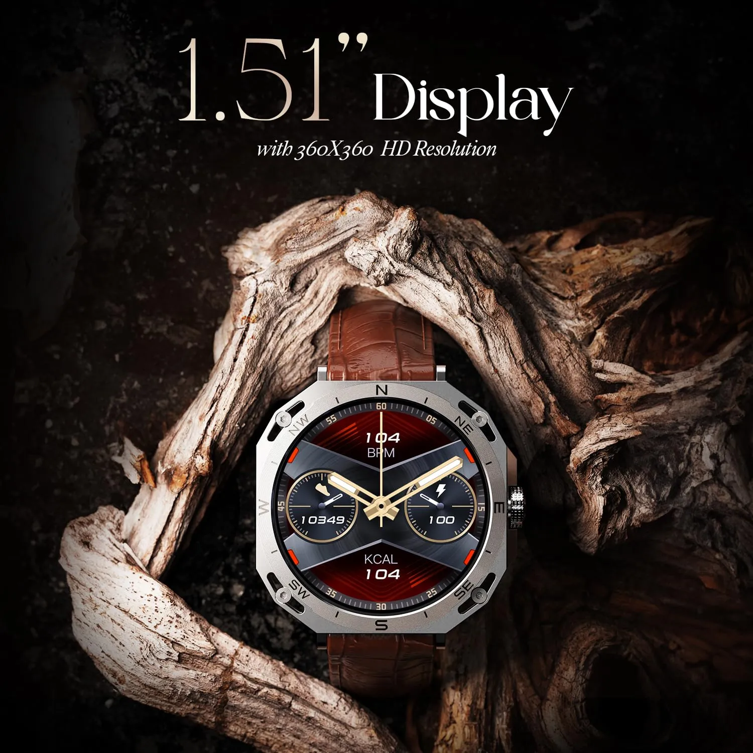 boAt Newly Launched Enigma Z20 Smart Watch with 1.51” HD Display, Luxurious Metal Body Design,Save upto 250 contacts,SOS, Password,Built-In games,Voice Assistant,HR&Sp02 Monitoring,IP68(Brown leather)