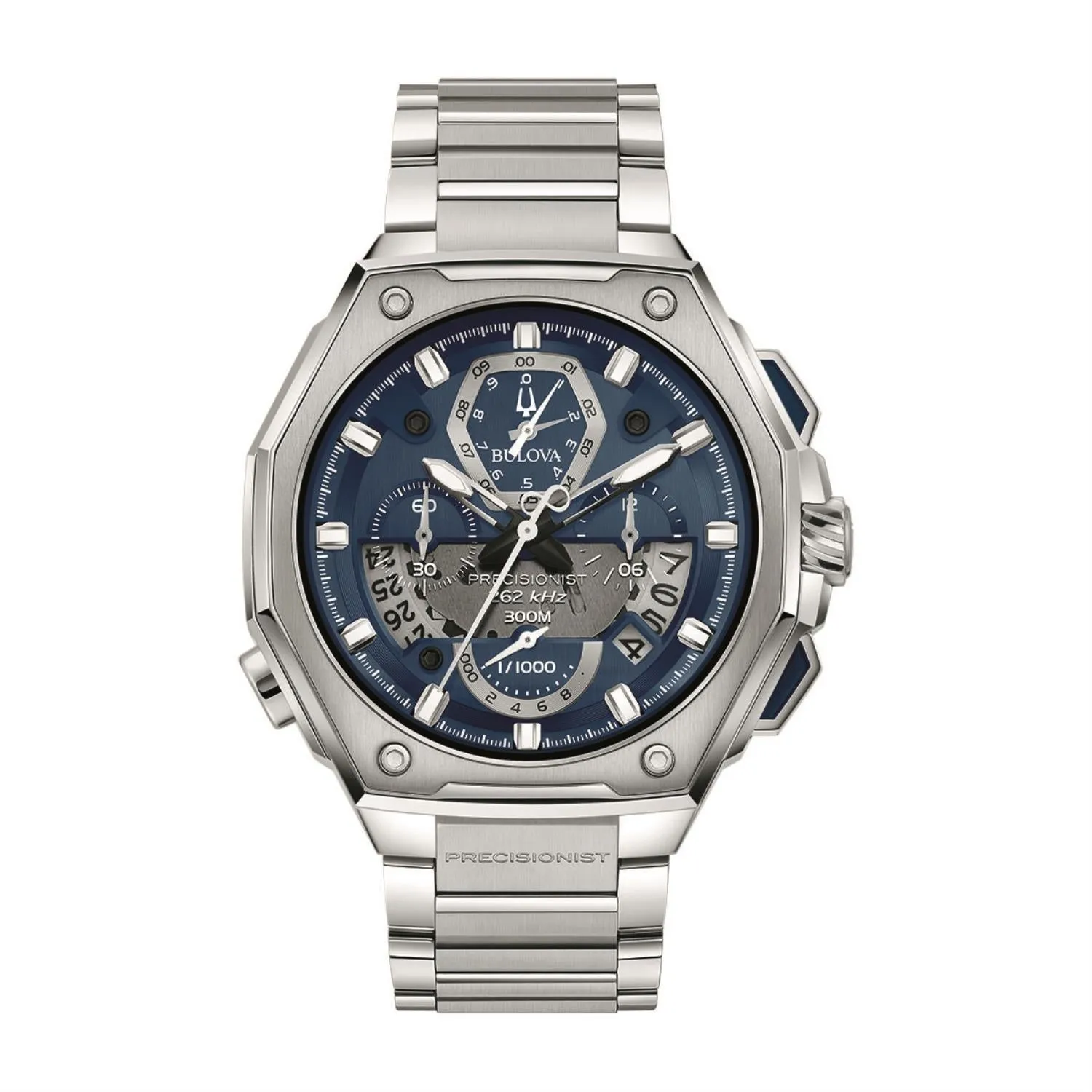 Bulova Precisionist Watch with 45X47MM Blue Round Dial and Stainless Steel Bracelet. X Sport 96B349