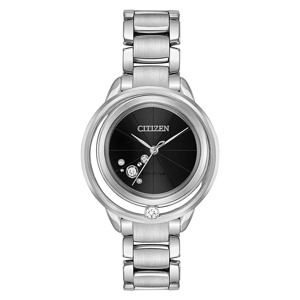 Citizen Womens Sunrise Solitaire Eco-Drive Movement  Black Dial Silver Band Stainless Steel Watch  - EW5520-50E