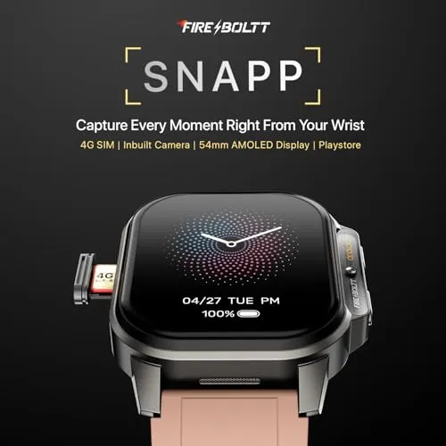 Fire-Boltt Snapp Smart Watch, Selfie Camera, 4G Nano-SIM Slot, 54.1mm AMOLED Display, Play Store- Unlimited apps, 1000mAh Battery, 2GB/4GB RAM   16GB/64GB ROM (Cherry Blush)