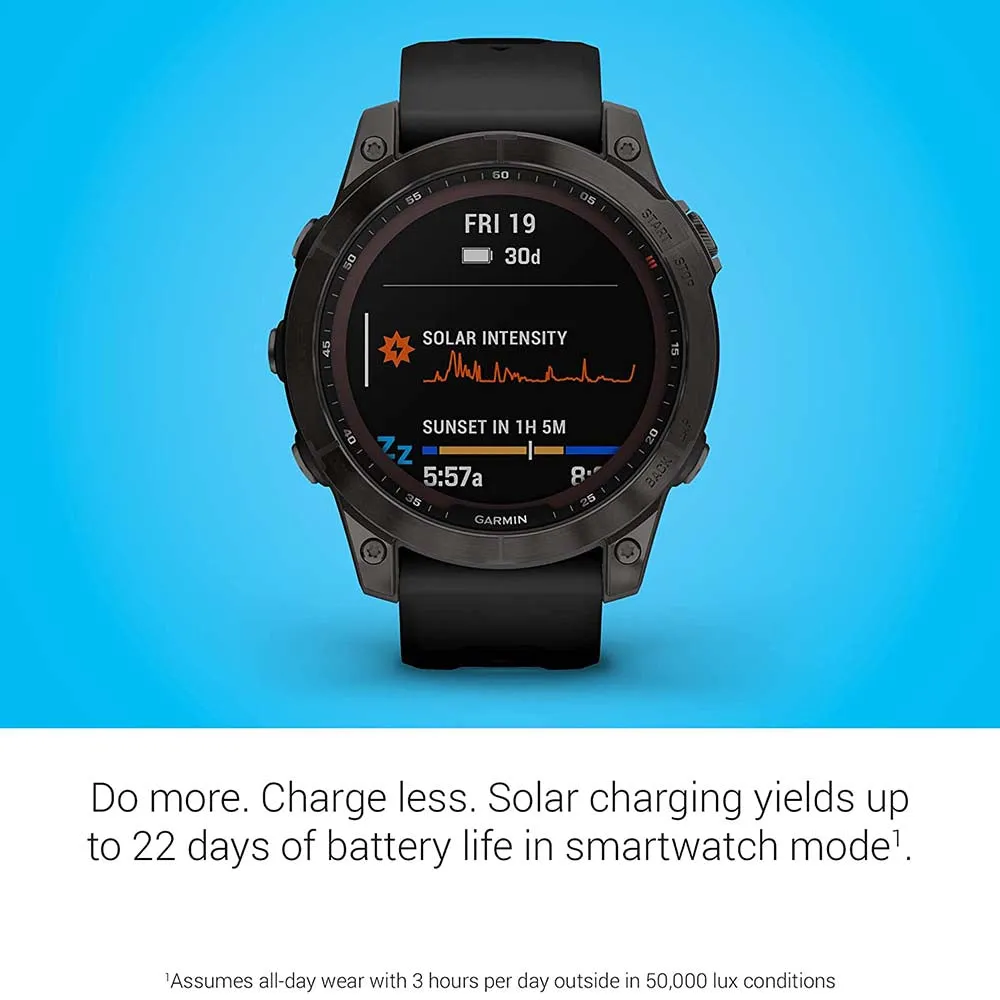 Garmin fenix 7 Sapphire Solar Edition Carbon Gray DLC Titanium with Black Band Solar Charging Capabilities GPS Touchscreen Smart Watch - 010-02540-20