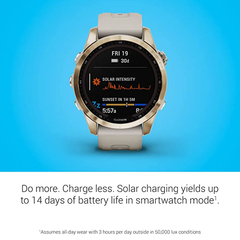 Garmin fenix 7S Sapphire Solar Cream Gold Titanium Light Sand Band Solar Charging Capabilities Rugged GPS Touchscreen Smartwatch - 010-02539-20