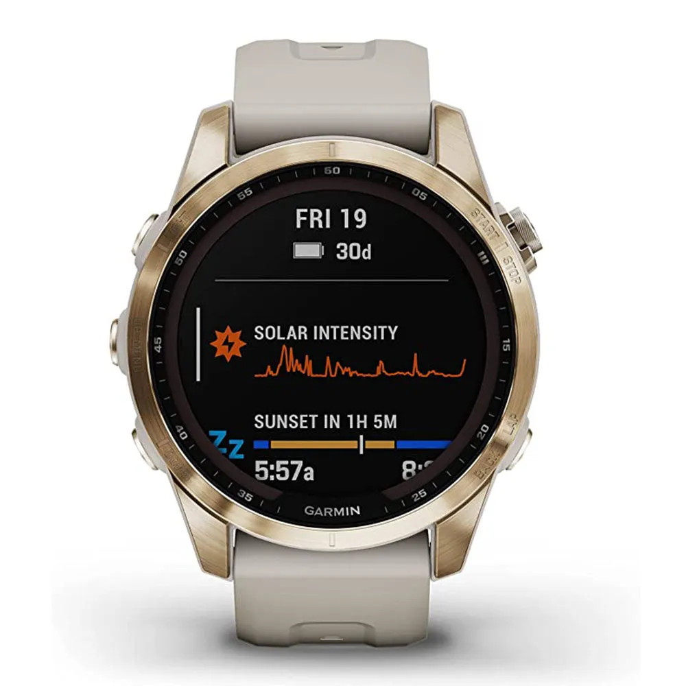 Garmin fenix 7S Sapphire Solar Cream Gold Titanium Light Sand Band Solar Charging Capabilities Rugged GPS Touchscreen Smartwatch - 010-02539-20