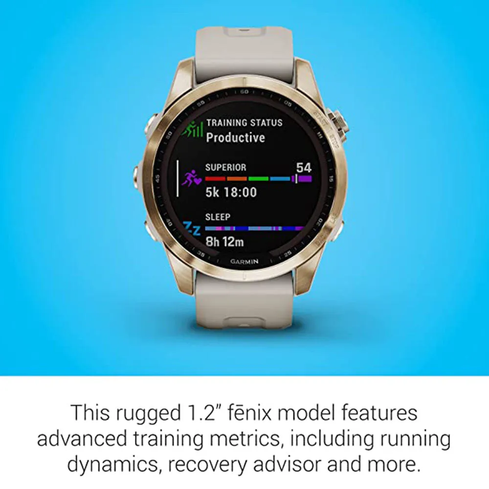 Garmin fenix 7S Sapphire Solar Cream Gold Titanium Light Sand Band Solar Charging Capabilities Rugged GPS Touchscreen Smartwatch - 010-02539-20