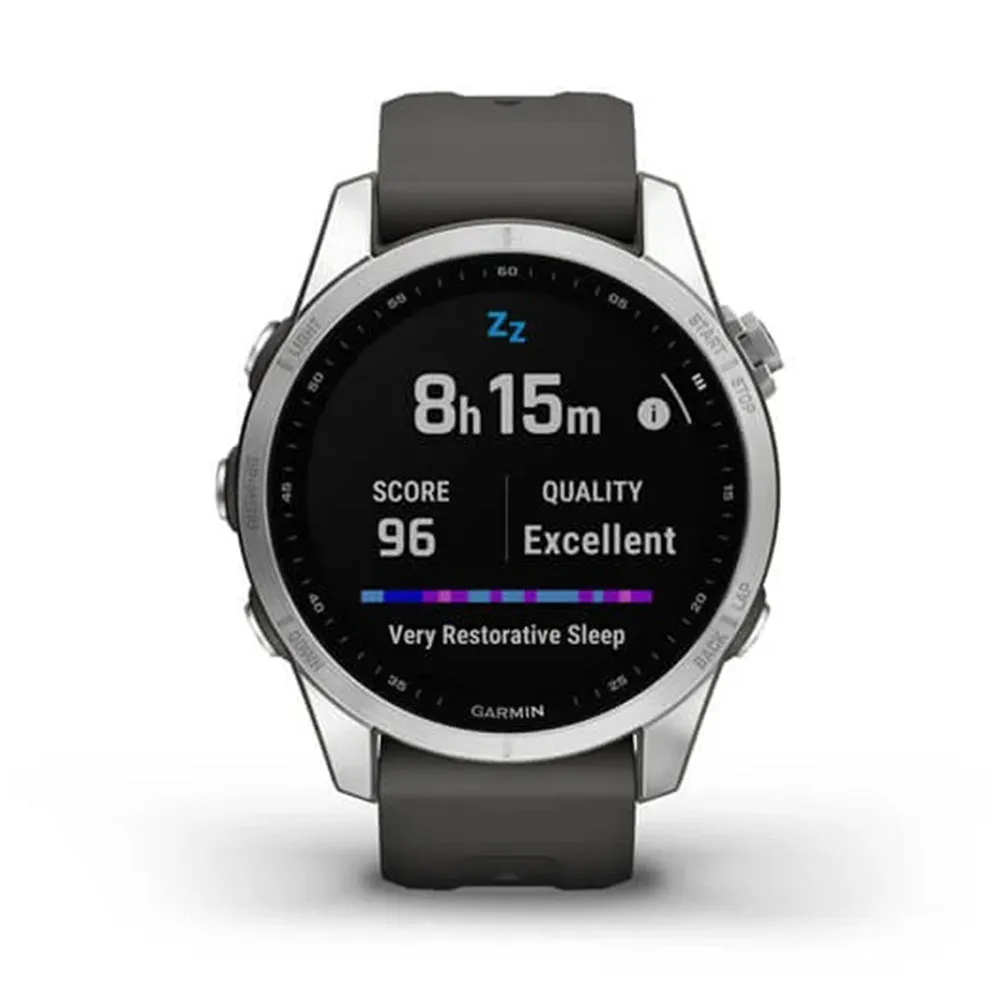 Garmin fenix 7S – Standard Edition Silver with Graphite Band Smaller Sized Adventure Smart Watch - 010-02539-00