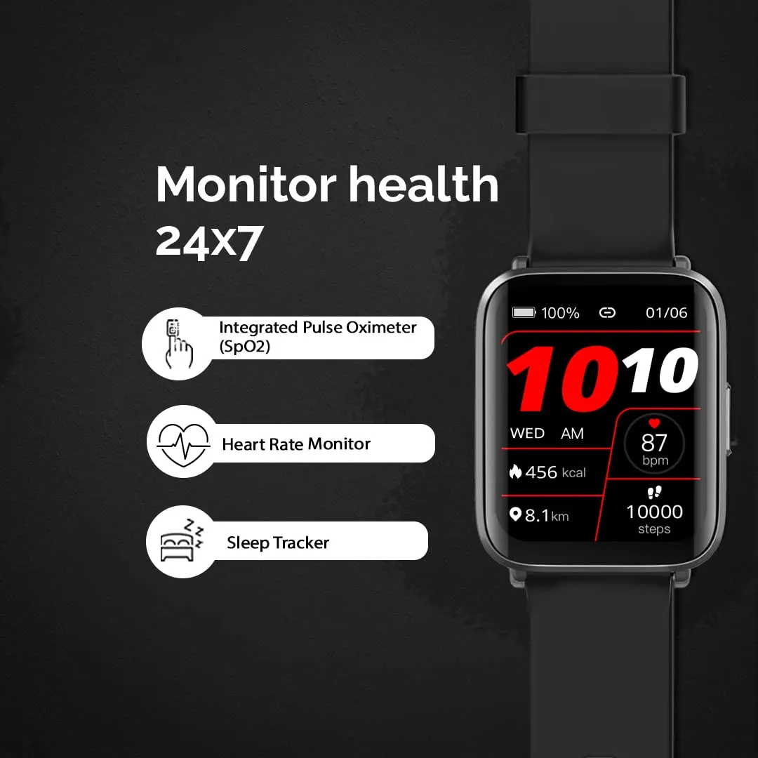 GOQii Smart Vital Ultra Smartwatch Jet Black 1.78'' AMOLED 368x448 & 2.5D Cureved Display with 10 Days Battery SPO2 & Real-Time Heart Rate Tracking, IPX68 Waterproof with 3 Months Personal Coaching