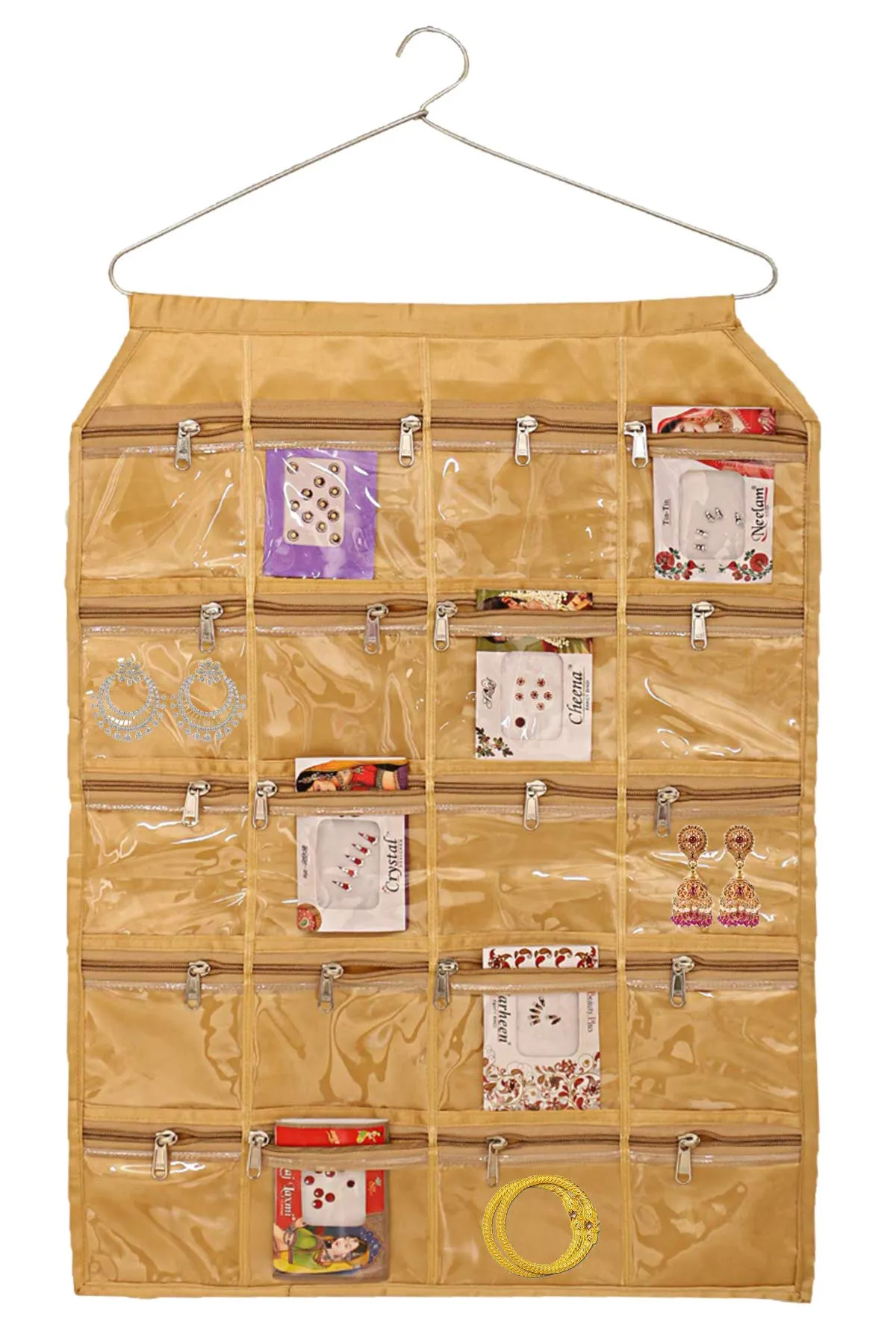 Heart Home 20 Pockets Hanging Jewellery Organizer with Zipper & Hanger (Gold),F_26_HEARTH016962