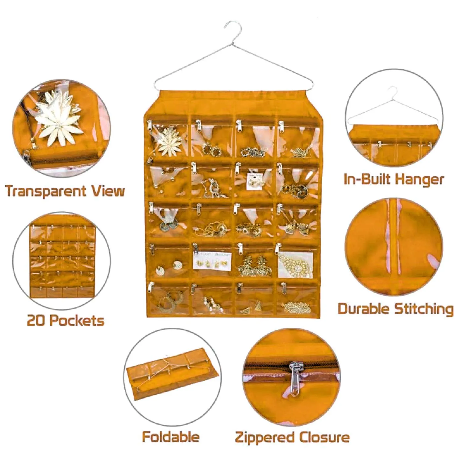 Heart Home 20 Pockets Hanging Jewellery Organizer with Zipper & Hanger (Gold),F_26_HEARTH016962