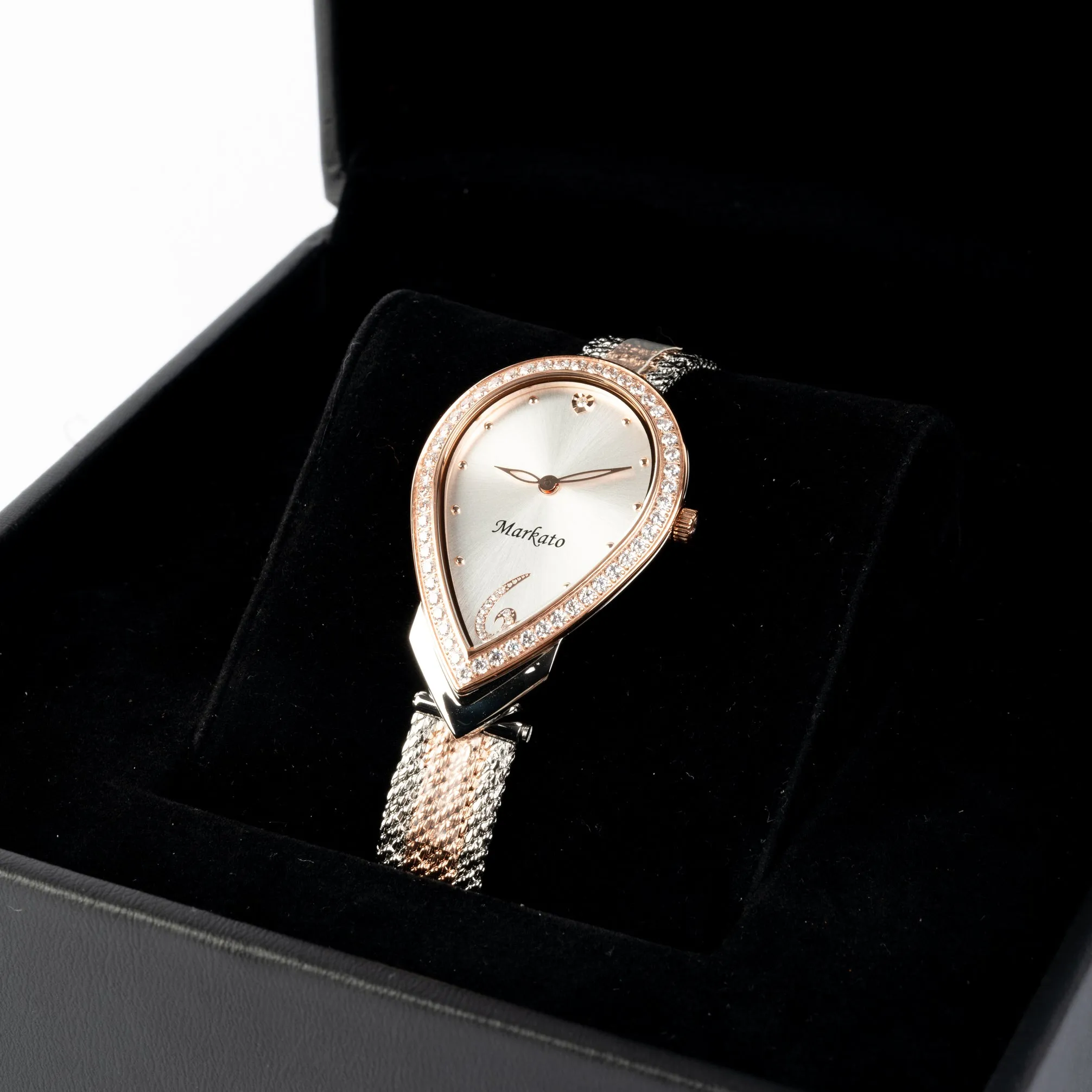 MARKATO Women Watch with Pear Shape with White Dial & Rose Gold and Silver color Strap