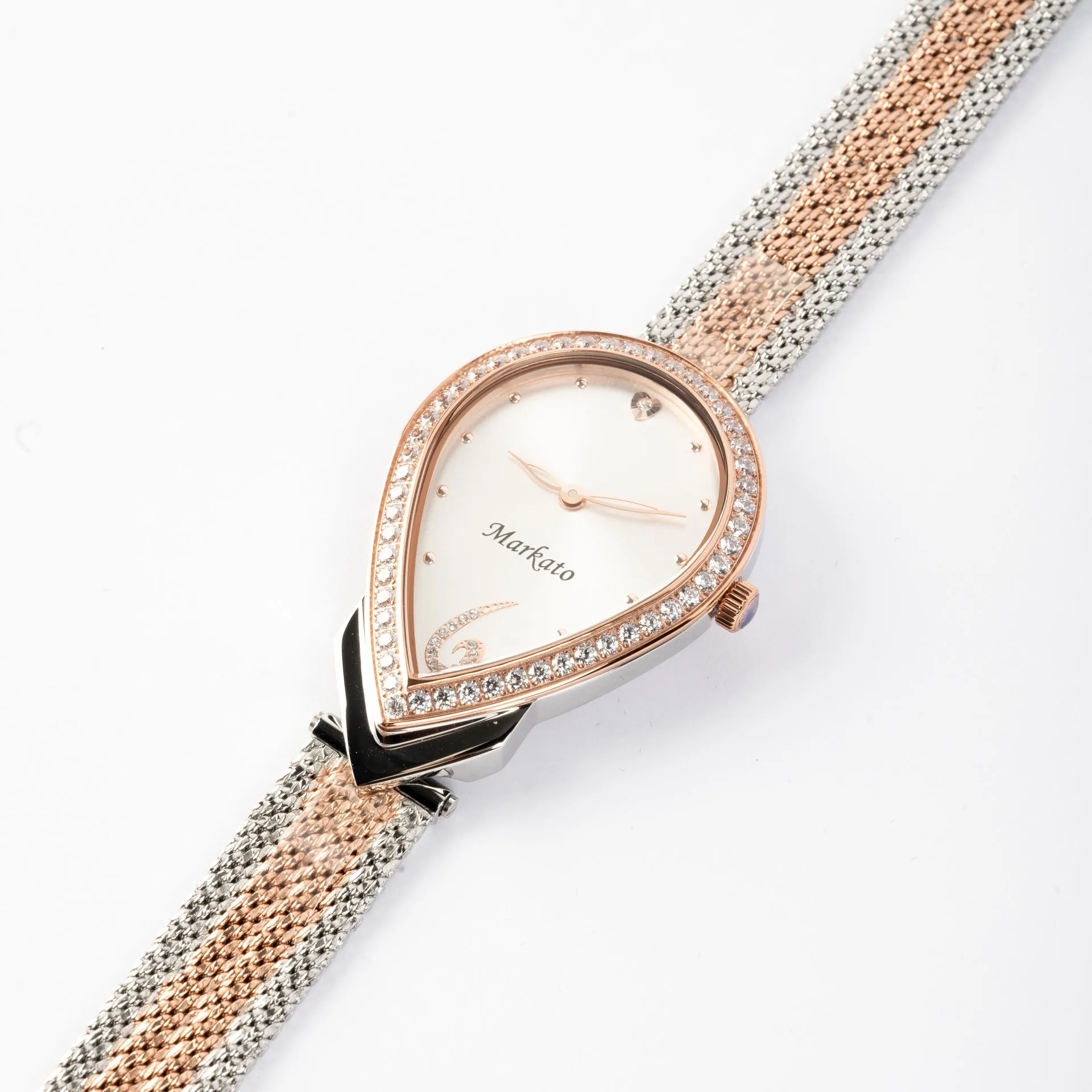 MARKATO Women Watch with Pear Shape with White Dial & Rose Gold and Silver color Strap