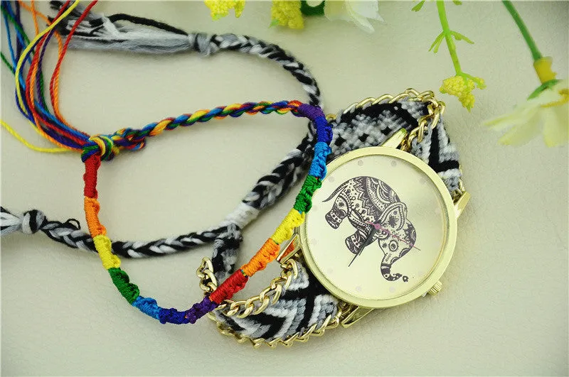 New Brand Handmade Braided Elephant Friendship Bracelet Watch GENEVA Watches Women Quarzt Watches