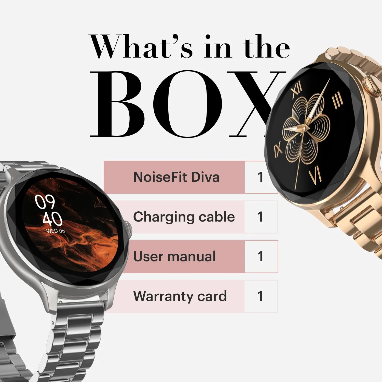 Noise Diva Smartwatch for Women with Diamond Cut Dial, Glossy Metallic Finish, AMOLED Display, New Metal Straps, 100  Watch Faces, Female Cycle Tracker Smart Watch for Women (Rose Gold)