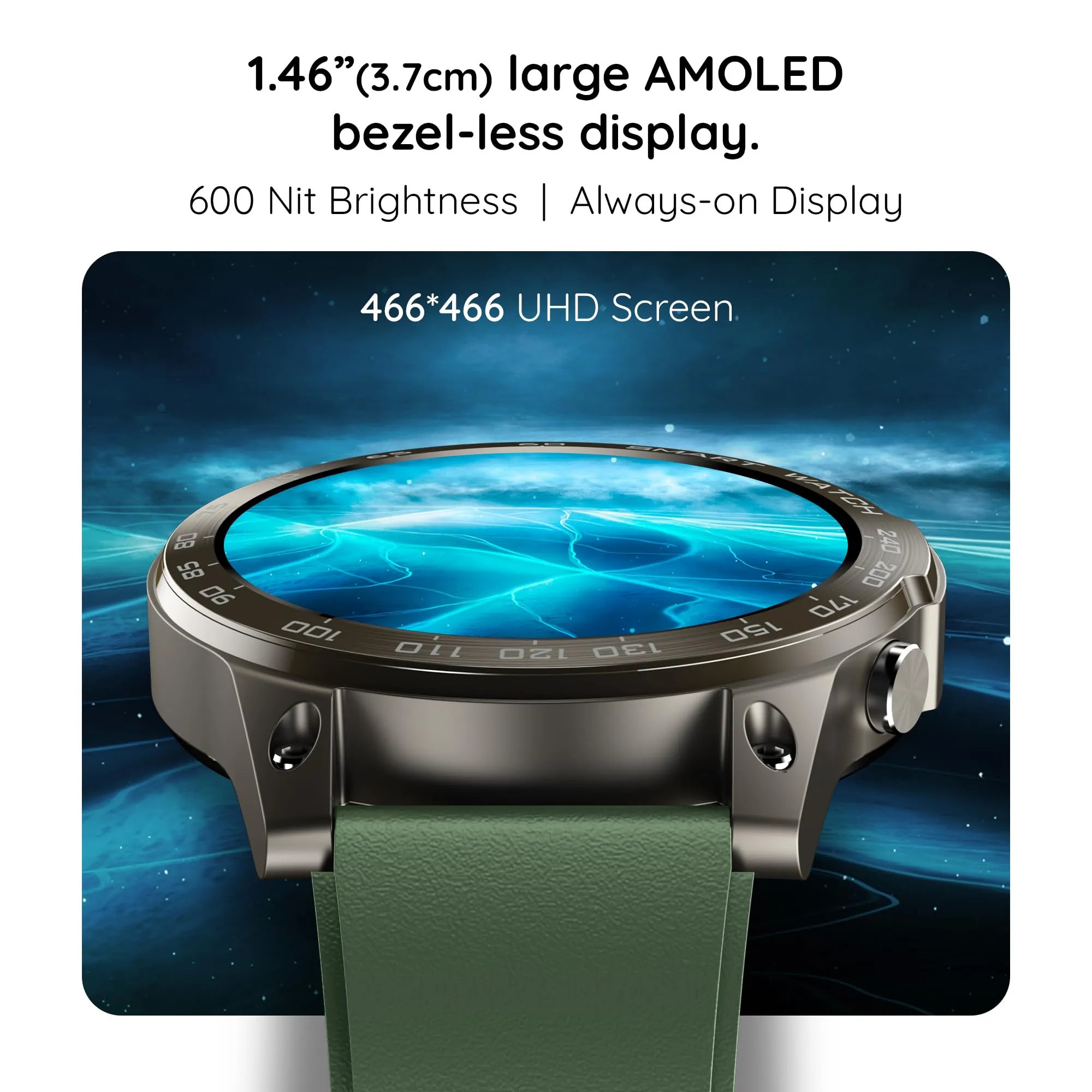 Pebble Cosmos Endure 1.46" AMOLED Always-On Display Bluetooth Calling IP68 Waterproof Smartwatch 466 * 466 (Military Green)