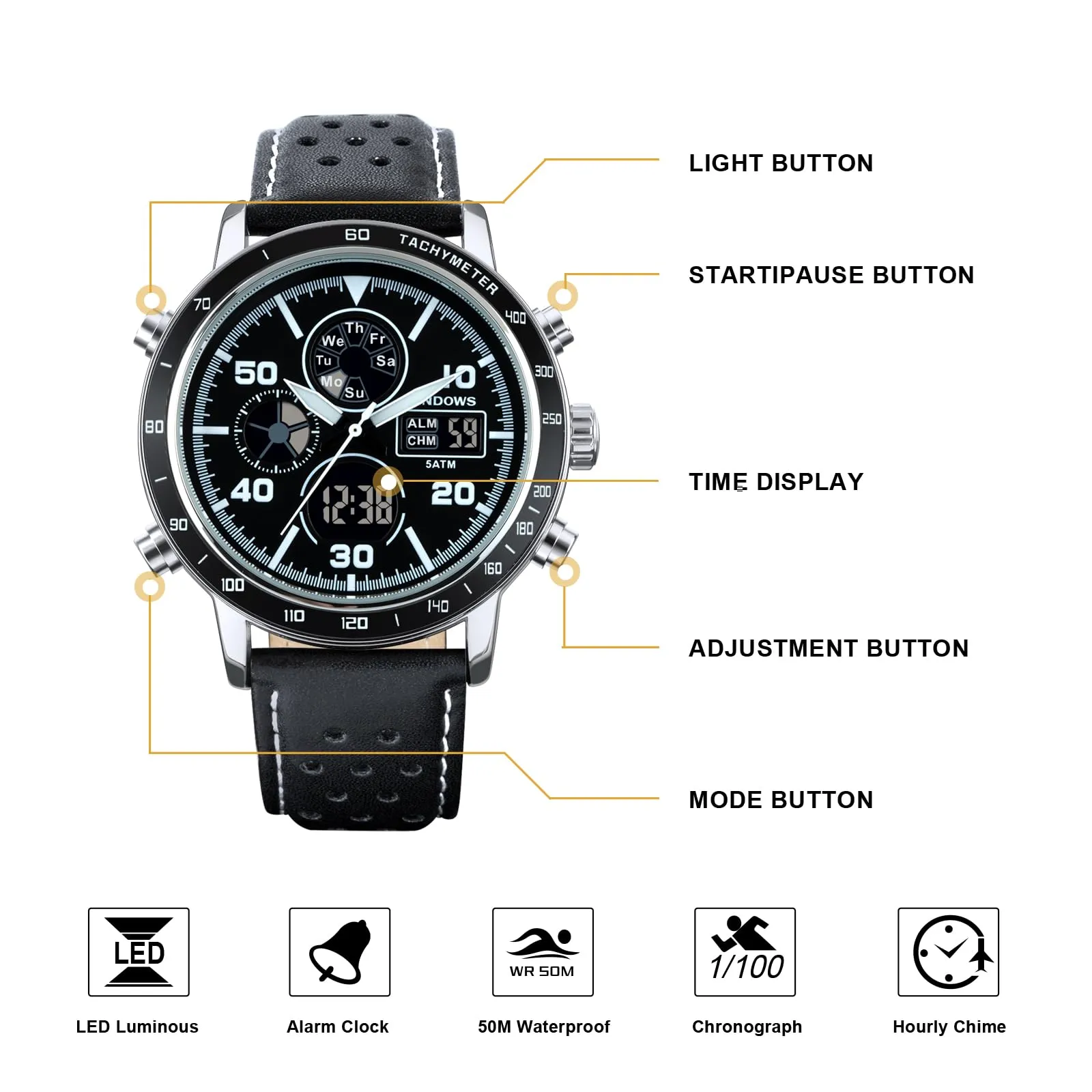 PINDOWS Watches for Men, Outdoor Digital Analog Leather Wristwatch Multifunctional LED Backlight, Alarm Stopwatch Calendar.