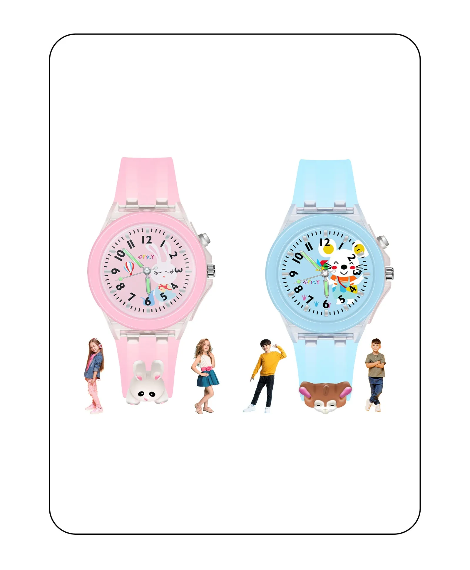 Spiky 3D Monkey & Rabbit Cartoon Analog Light Watch Combo - Pink & Blue