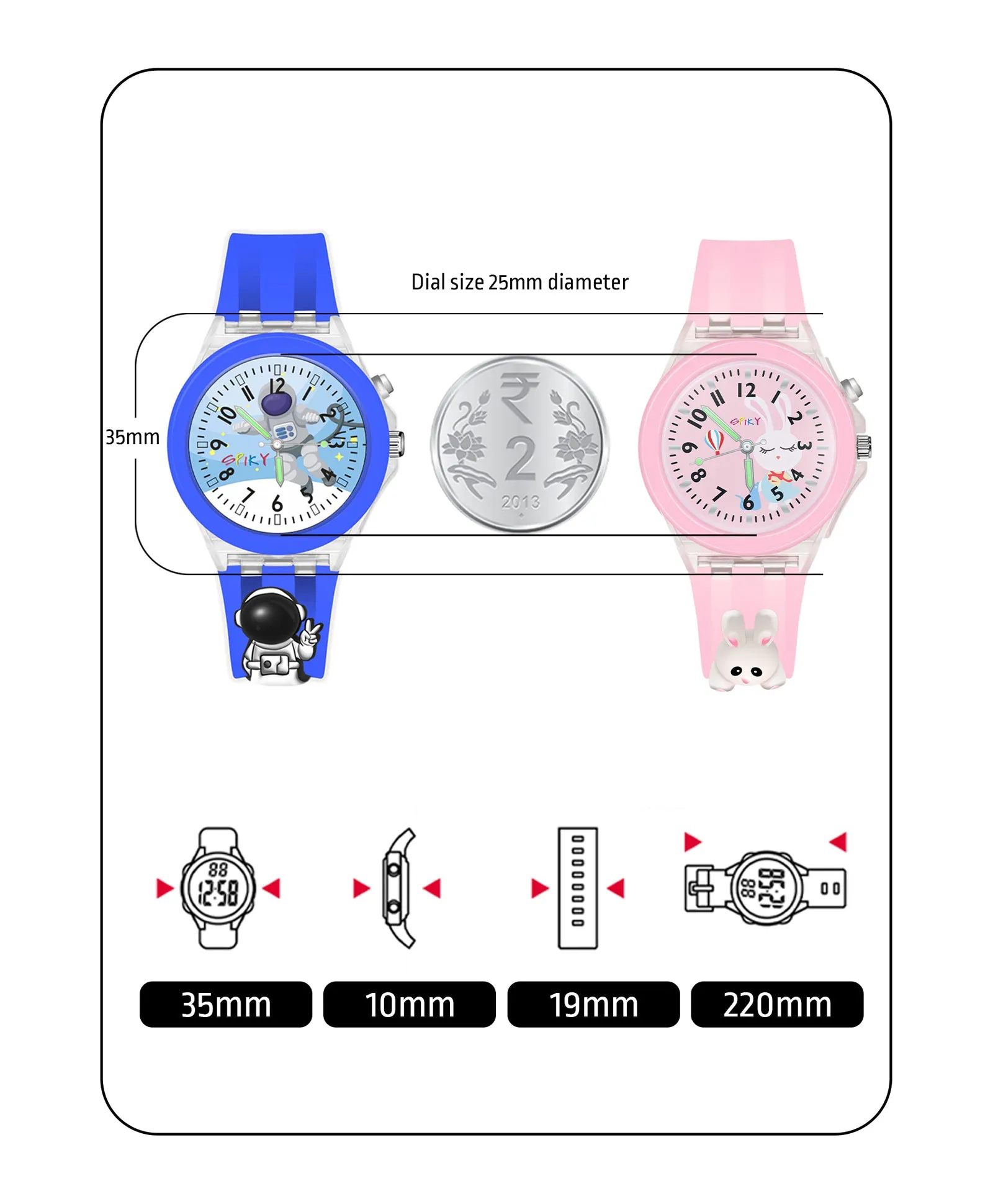 Spiky 3D Monkey & Rabbit Cartoon Analog Light Watch Combo - Pink & Blue