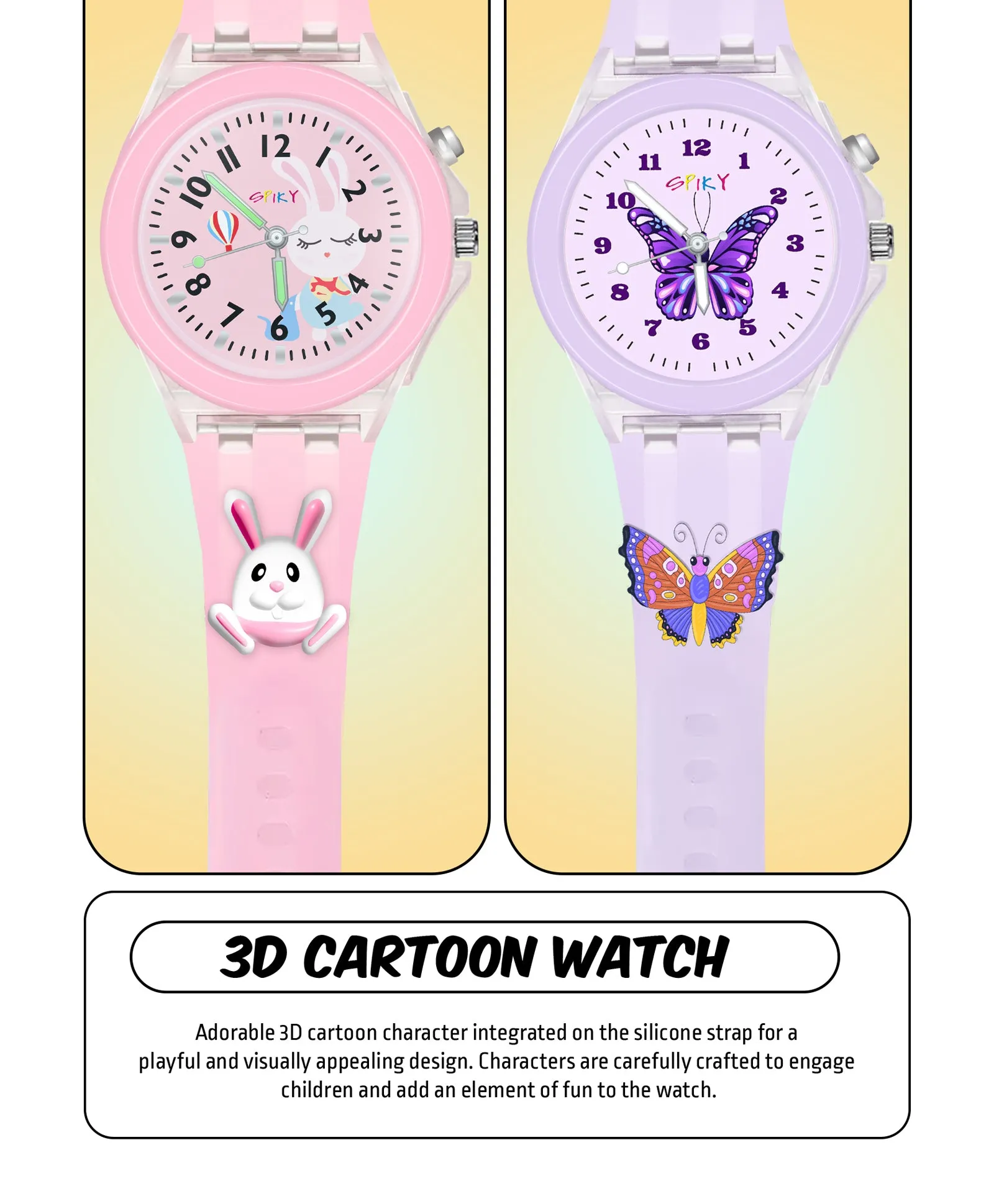 Spiky 3D Monkey & Rabbit Cartoon Analog Light Watch Combo - Pink & Blue