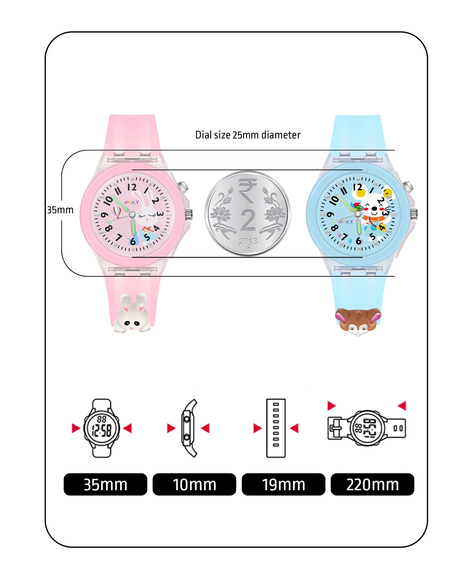 Spiky 3D Monkey & Rabbit Cartoon Analog Light Watch Combo - Pink & Blue