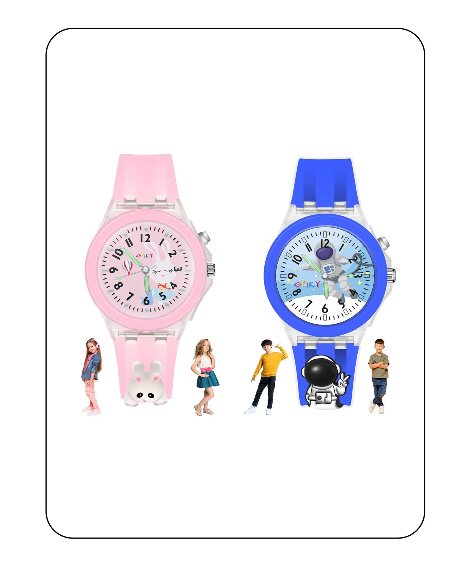 Spiky 3D Monkey & Rabbit Cartoon Analog Light Watch Combo - Pink & Blue