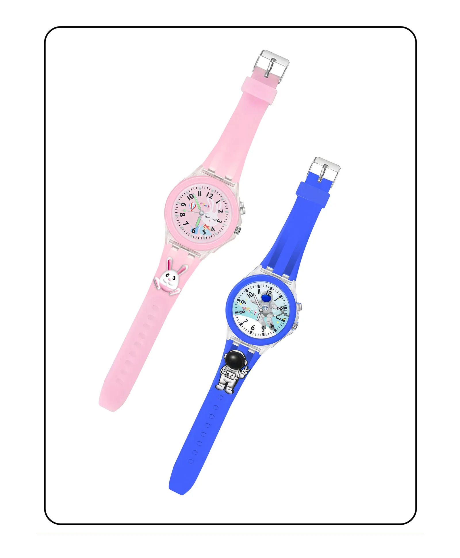 Spiky 3D Monkey & Rabbit Cartoon Analog Light Watch Combo - Pink & Blue