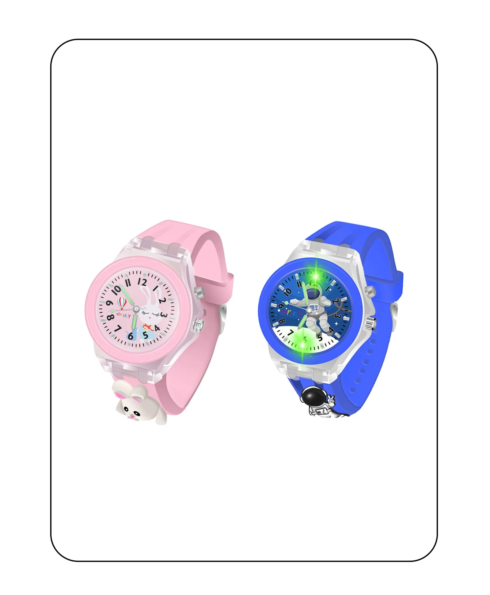 Spiky 3D Monkey & Rabbit Cartoon Analog Light Watch Combo - Pink & Blue