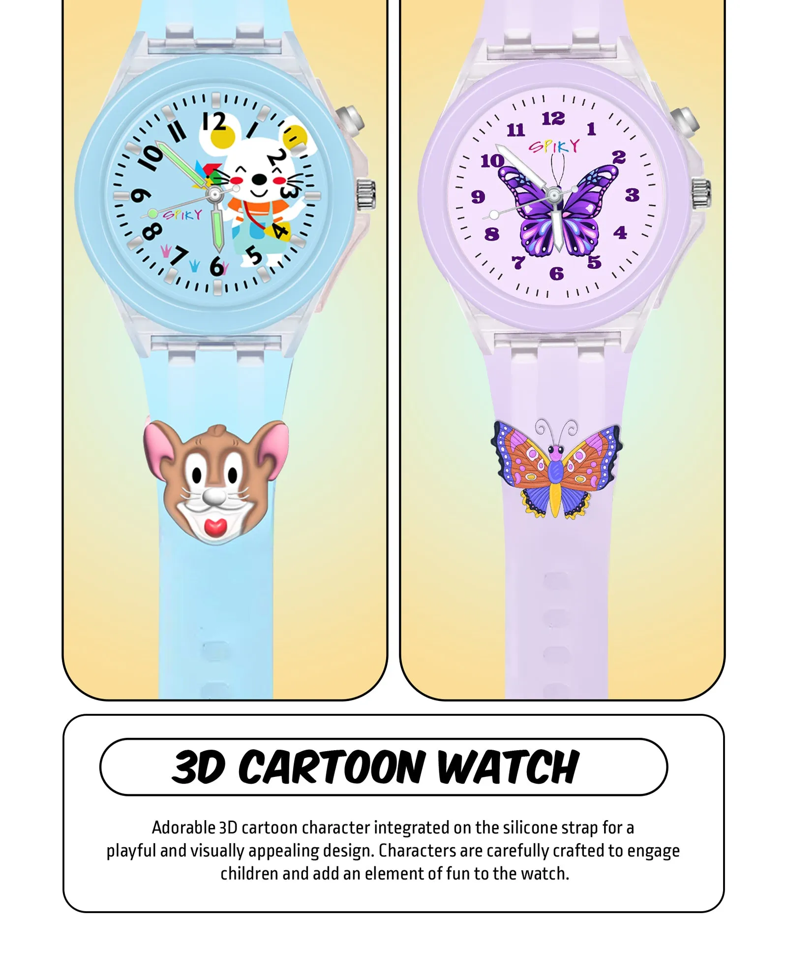 Spiky 3D Monkey & Rabbit Cartoon Analog Light Watch Combo - Pink & Blue