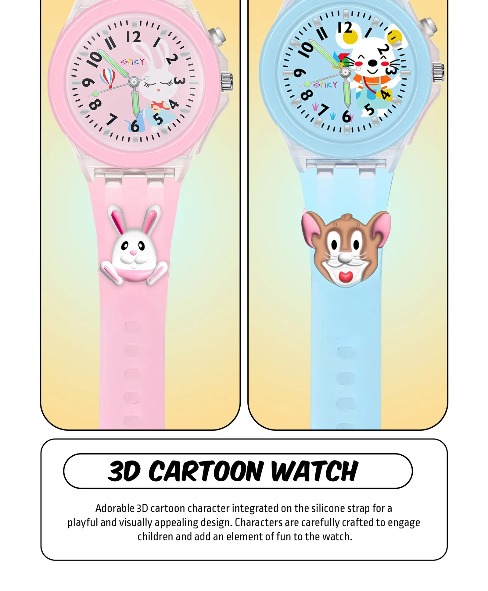 Spiky 3D Monkey & Rabbit Cartoon Analog Light Watch Combo - Pink & Blue