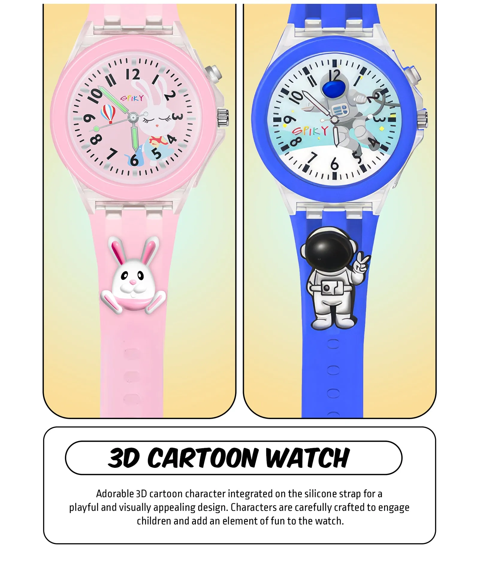 Spiky 3D Monkey & Rabbit Cartoon Analog Light Watch Combo - Pink & Blue