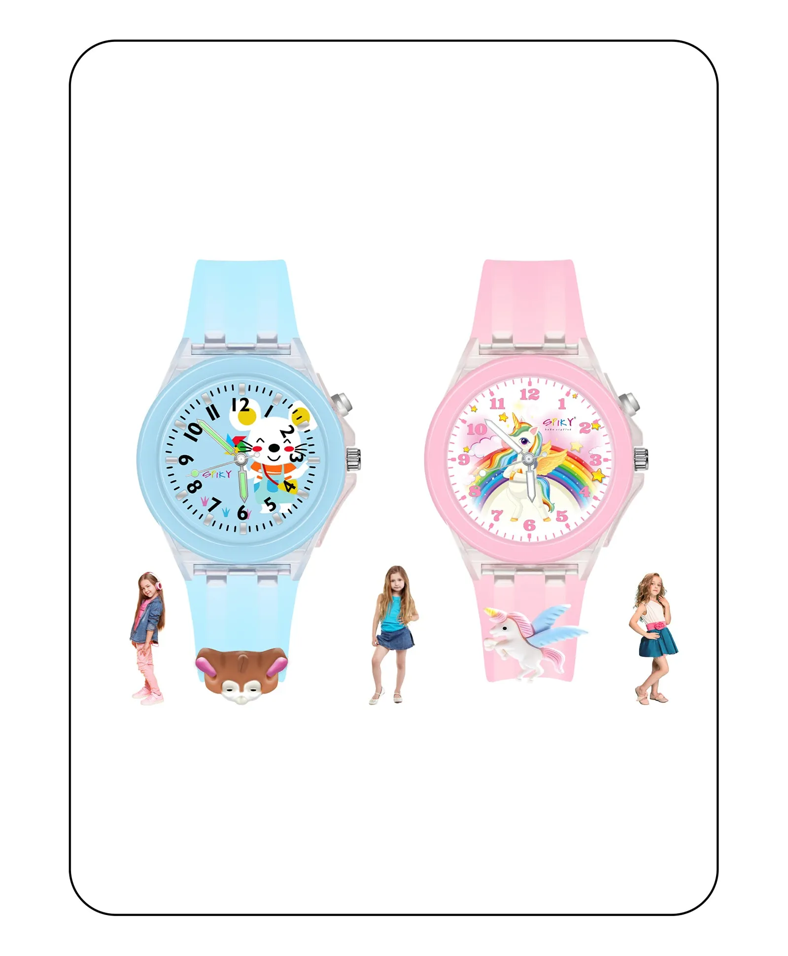 Spiky 3D Monkey & Rabbit Cartoon Analog Light Watch Combo - Pink & Blue