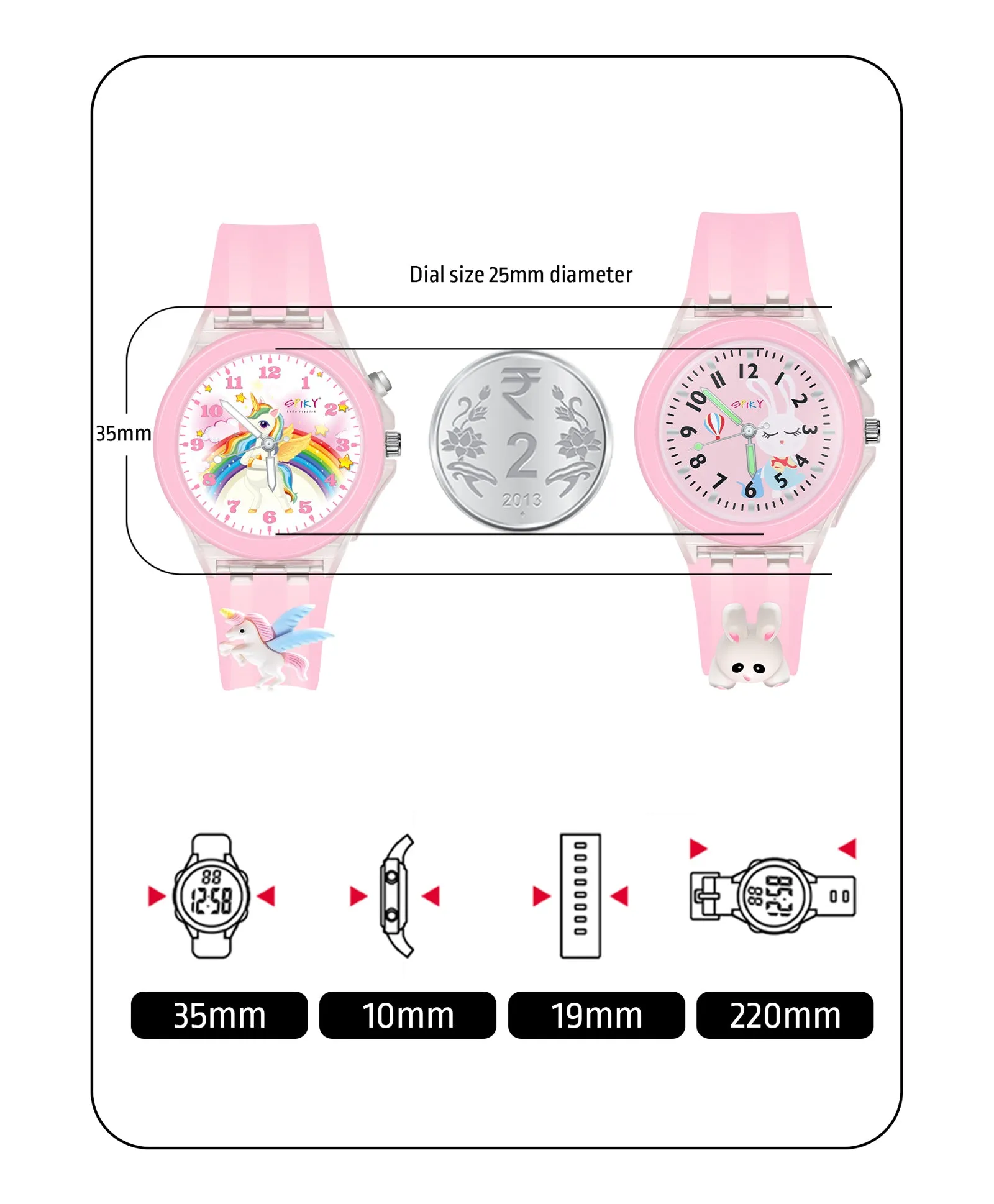 Spiky 3D Monkey & Rabbit Cartoon Analog Light Watch Combo - Pink & Blue