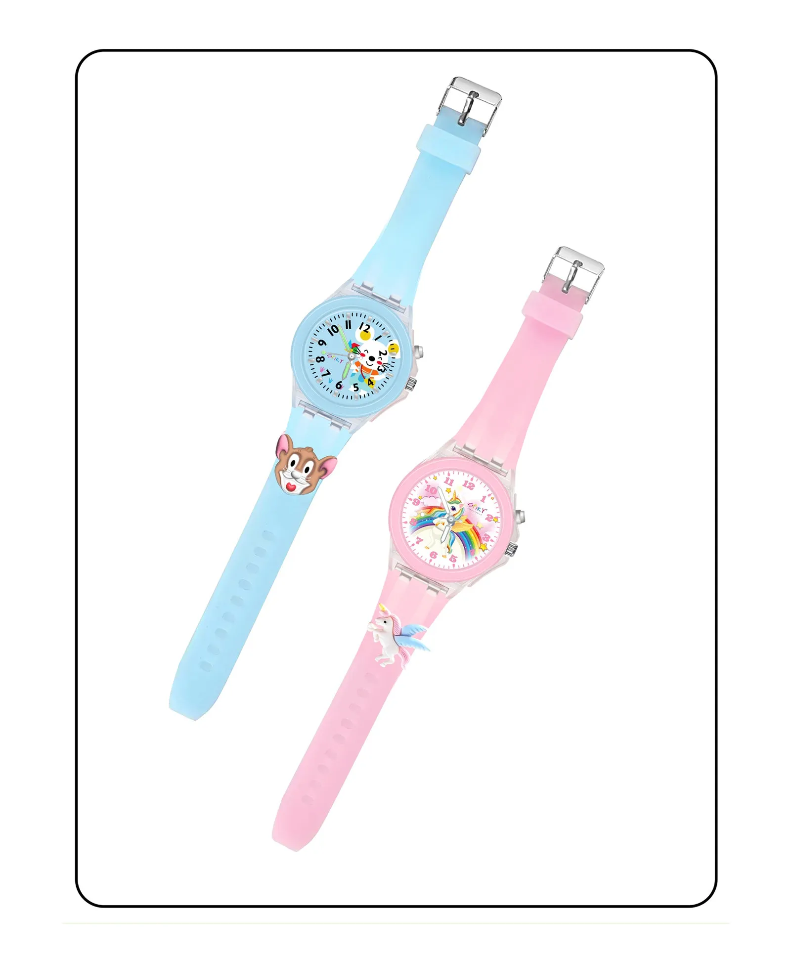 Spiky 3D Monkey & Rabbit Cartoon Analog Light Watch Combo - Pink & Blue