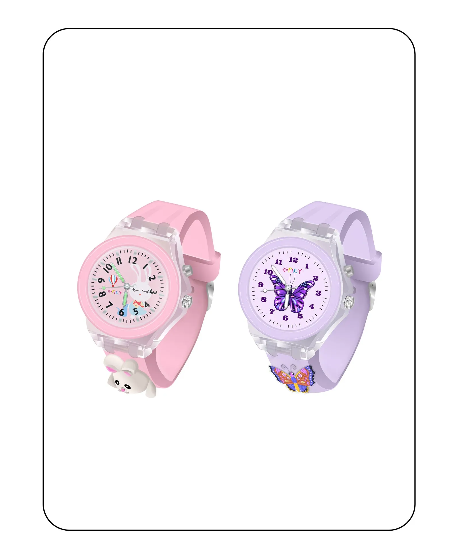 Spiky 3D Monkey & Rabbit Cartoon Analog Light Watch Combo - Pink & Blue