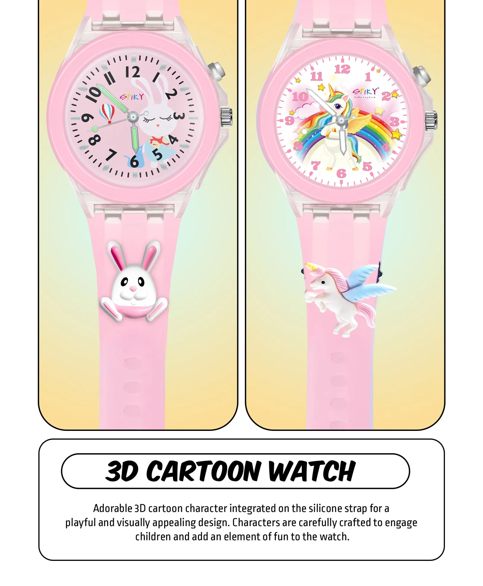 Spiky 3D Monkey & Rabbit Cartoon Analog Light Watch Combo - Pink & Blue