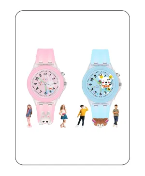 Spiky 3D Monkey & Rabbit Cartoon Analog Light Watch Combo - Pink & Blue