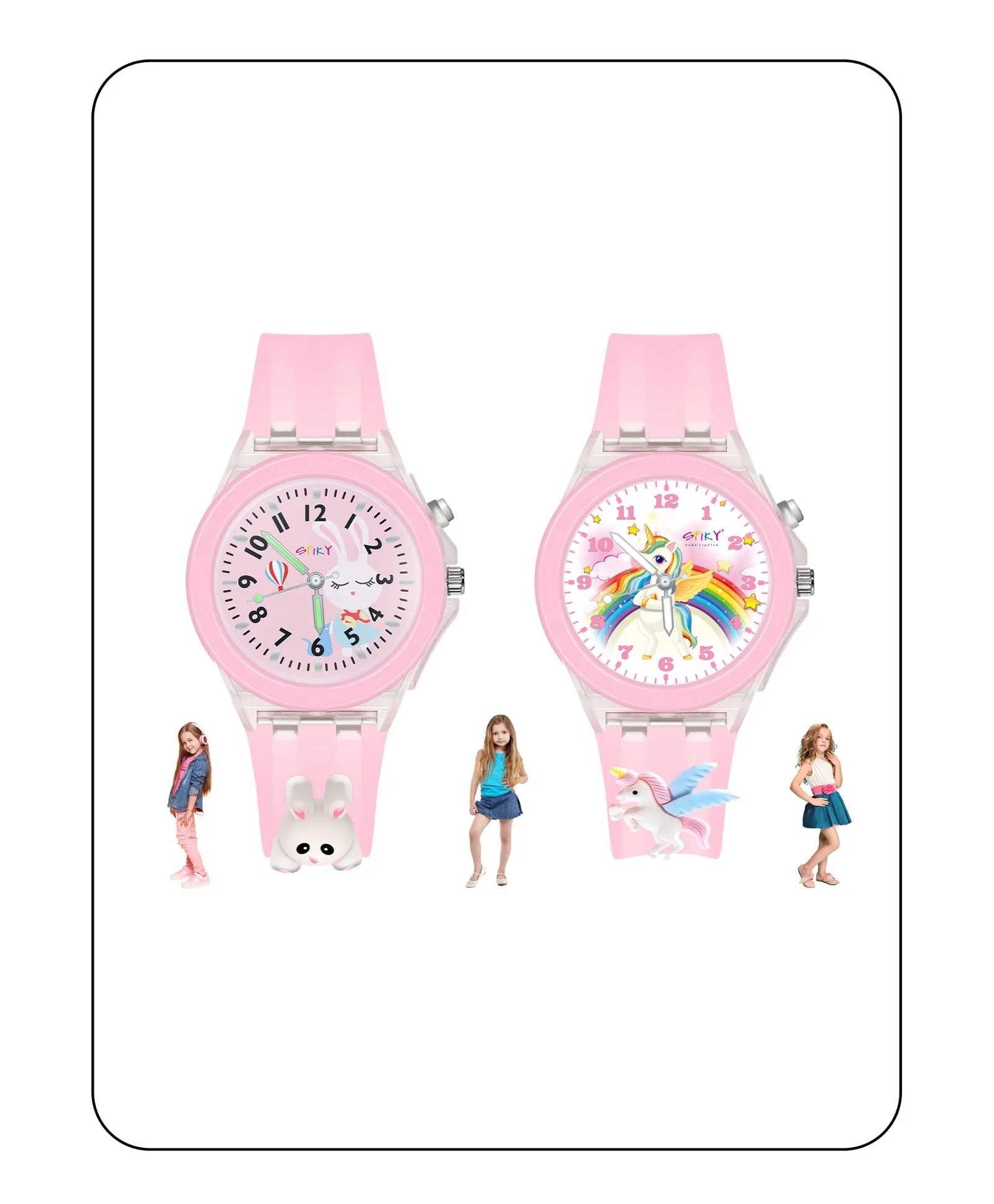 Spiky 3D Monkey & Rabbit Cartoon Analog Light Watch Combo - Pink & Blue