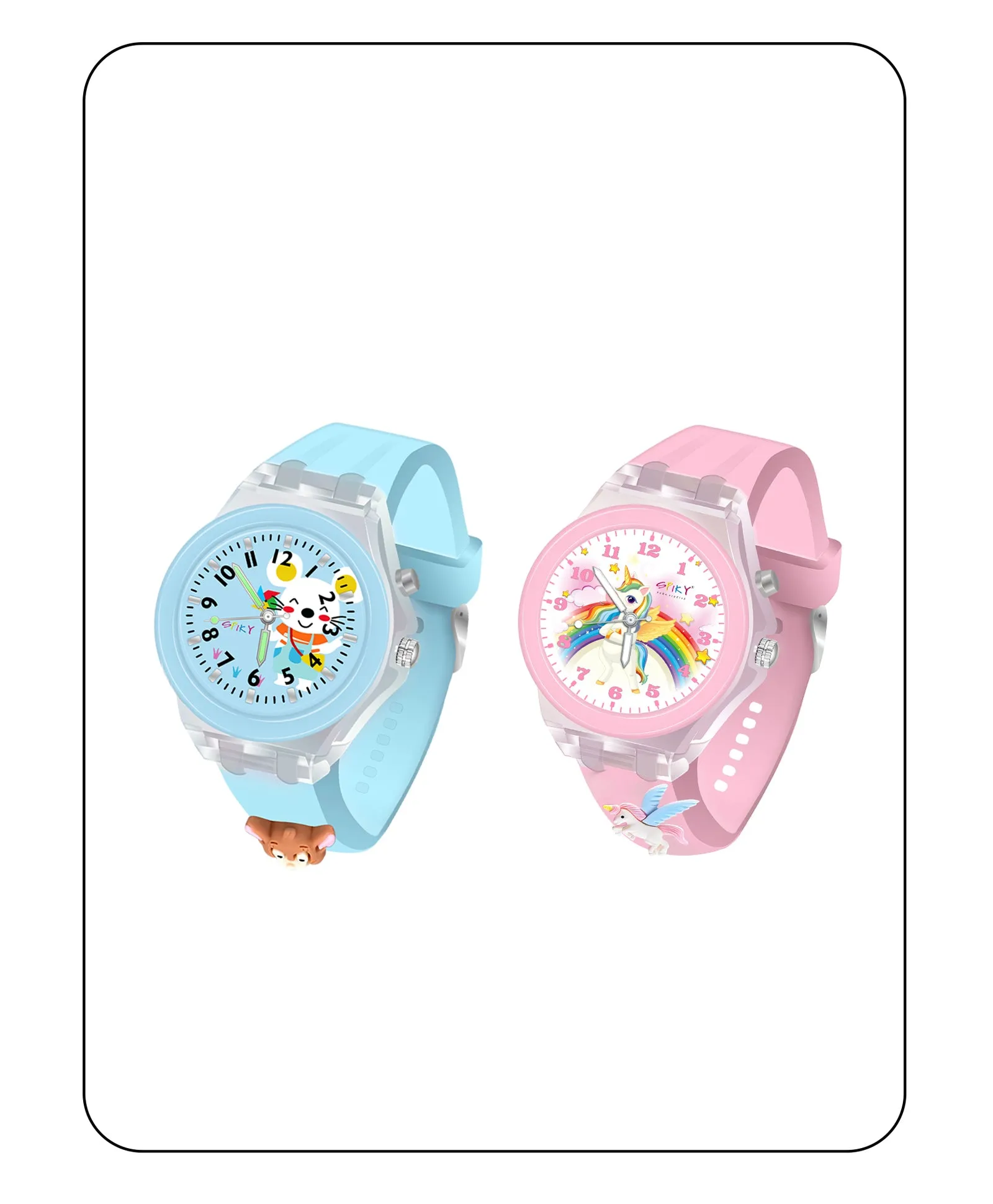 Spiky 3D Monkey & Rabbit Cartoon Analog Light Watch Combo - Pink & Blue