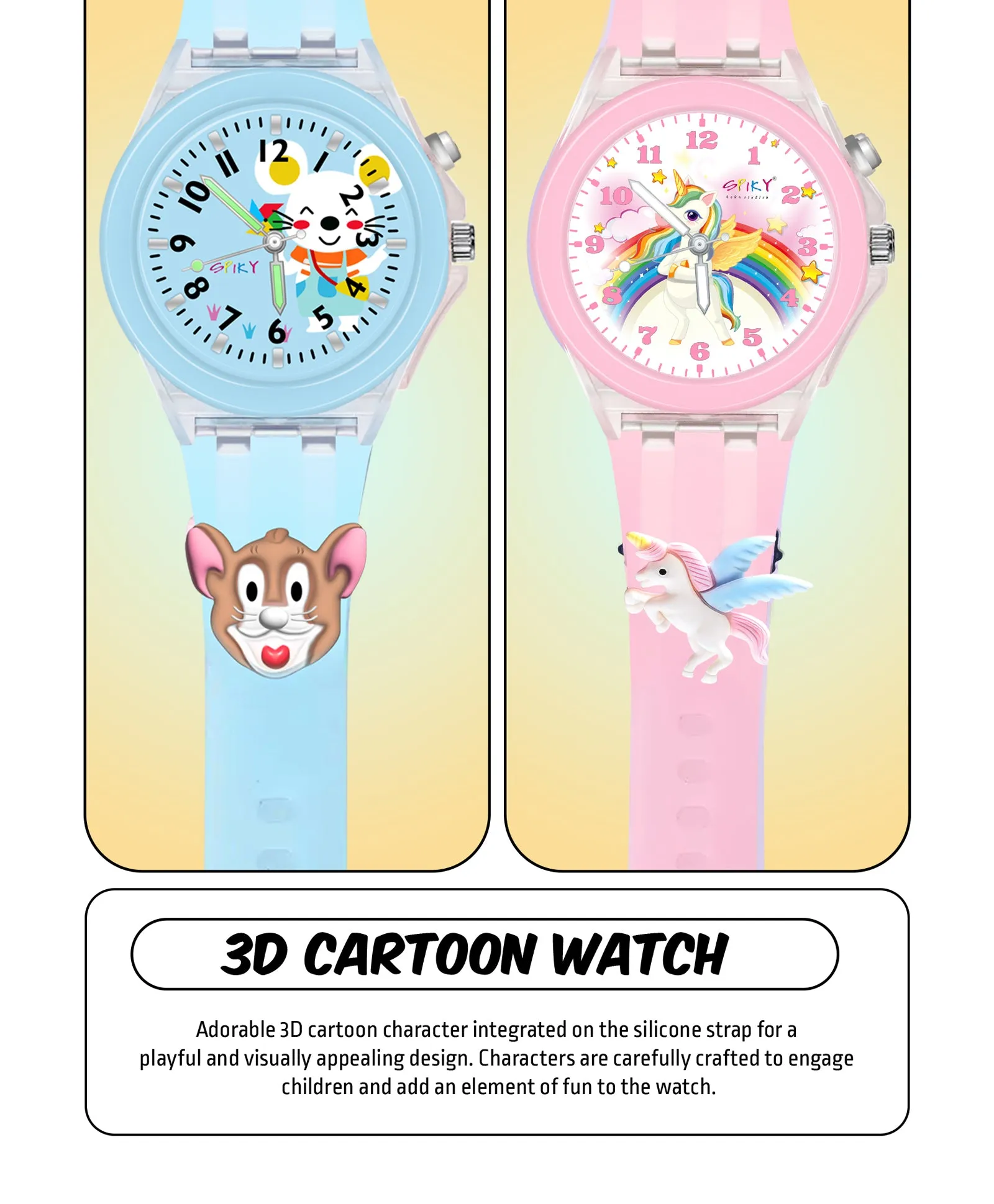 Spiky 3D Monkey & Rabbit Cartoon Analog Light Watch Combo - Pink & Blue