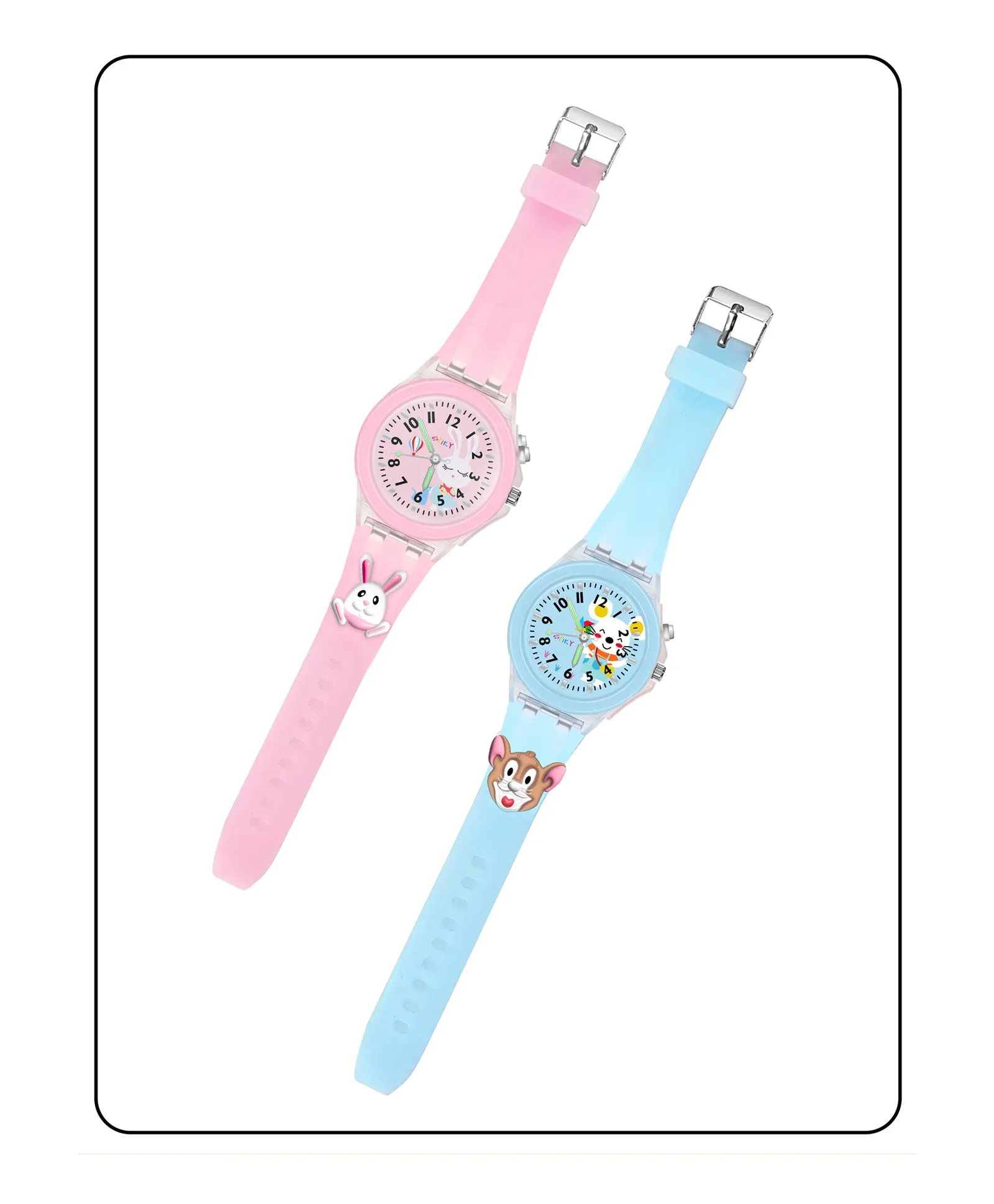 Spiky 3D Monkey & Rabbit Cartoon Analog Light Watch Combo - Pink & Blue