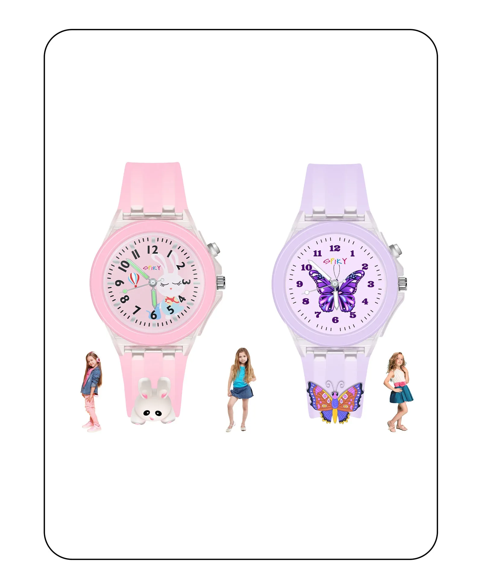 Spiky 3D Monkey & Rabbit Cartoon Analog Light Watch Combo - Pink & Blue