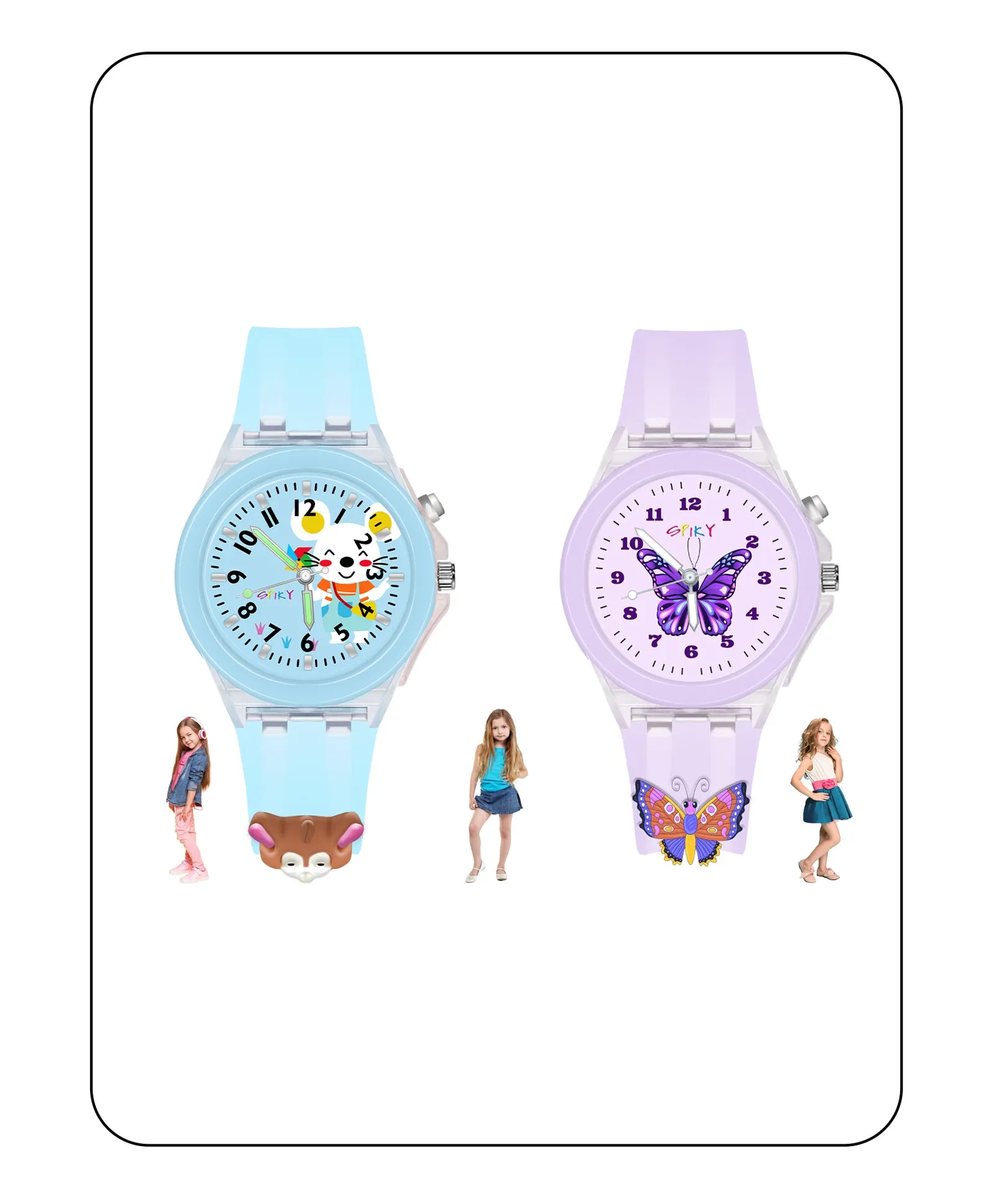 Spiky 3D Monkey & Rabbit Cartoon Analog Light Watch Combo - Pink & Blue